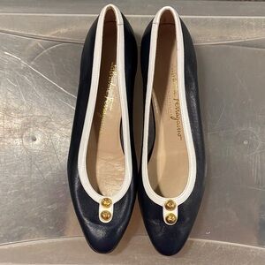 Salvatore Ferragamo Navy and White Flats with Gold Buttons